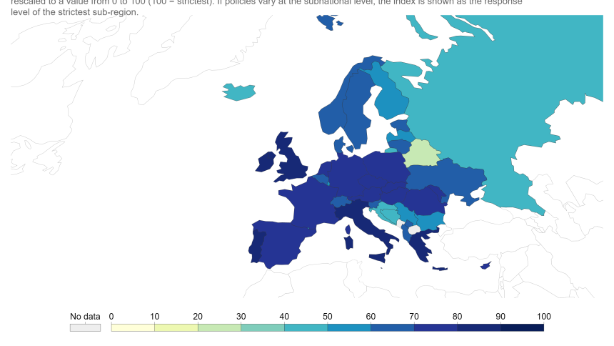 Индекс на Оксфорд за строгост на мерките за ограничаване на Ковид в Европа в реално време